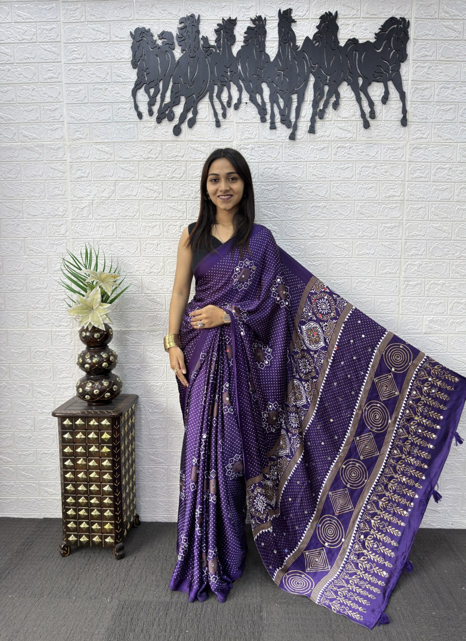 Japan Satin Silk Saree with Real Mirror Work & Viscose Latkan Pallu Border 