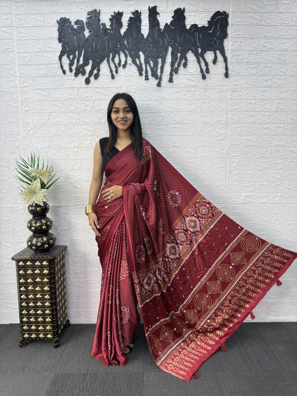 Japan Satin Silk Saree with Real Mirror Work & Viscose Latkan Pallu Border 