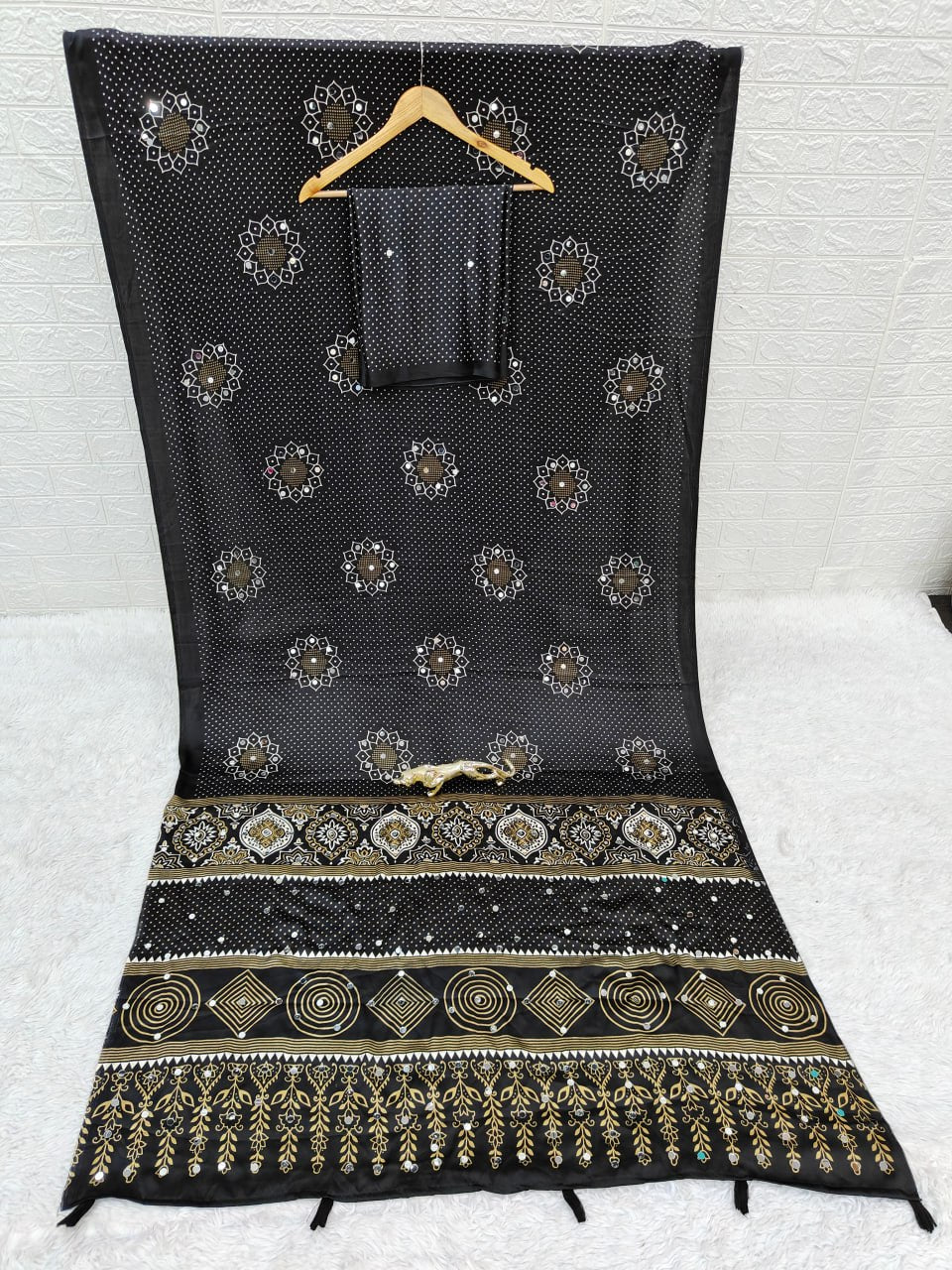Japan Satin Silk Saree with Real Mirror Work & Viscose Latkan Pallu Border 