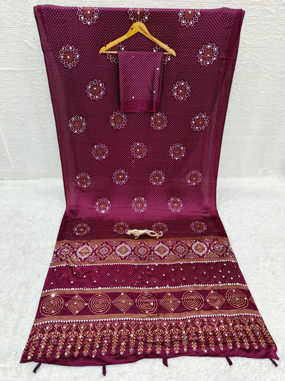 Japan Satin Silk Saree with Real Mirror Work & Viscose Latkan Pallu Border 