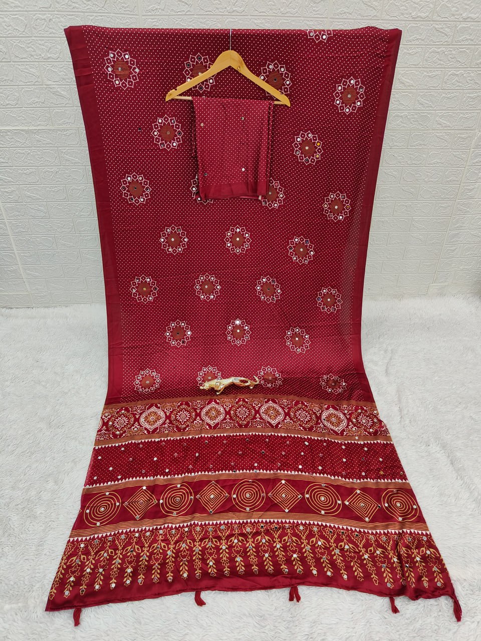 Japan Satin Silk Saree with Real Mirror Work & Viscose Latkan Pallu Border 