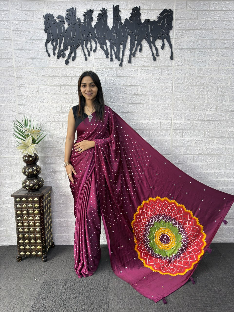Japan Satin Silk Saree with Real Mirror Work & Viscose Latkan Pallu Border