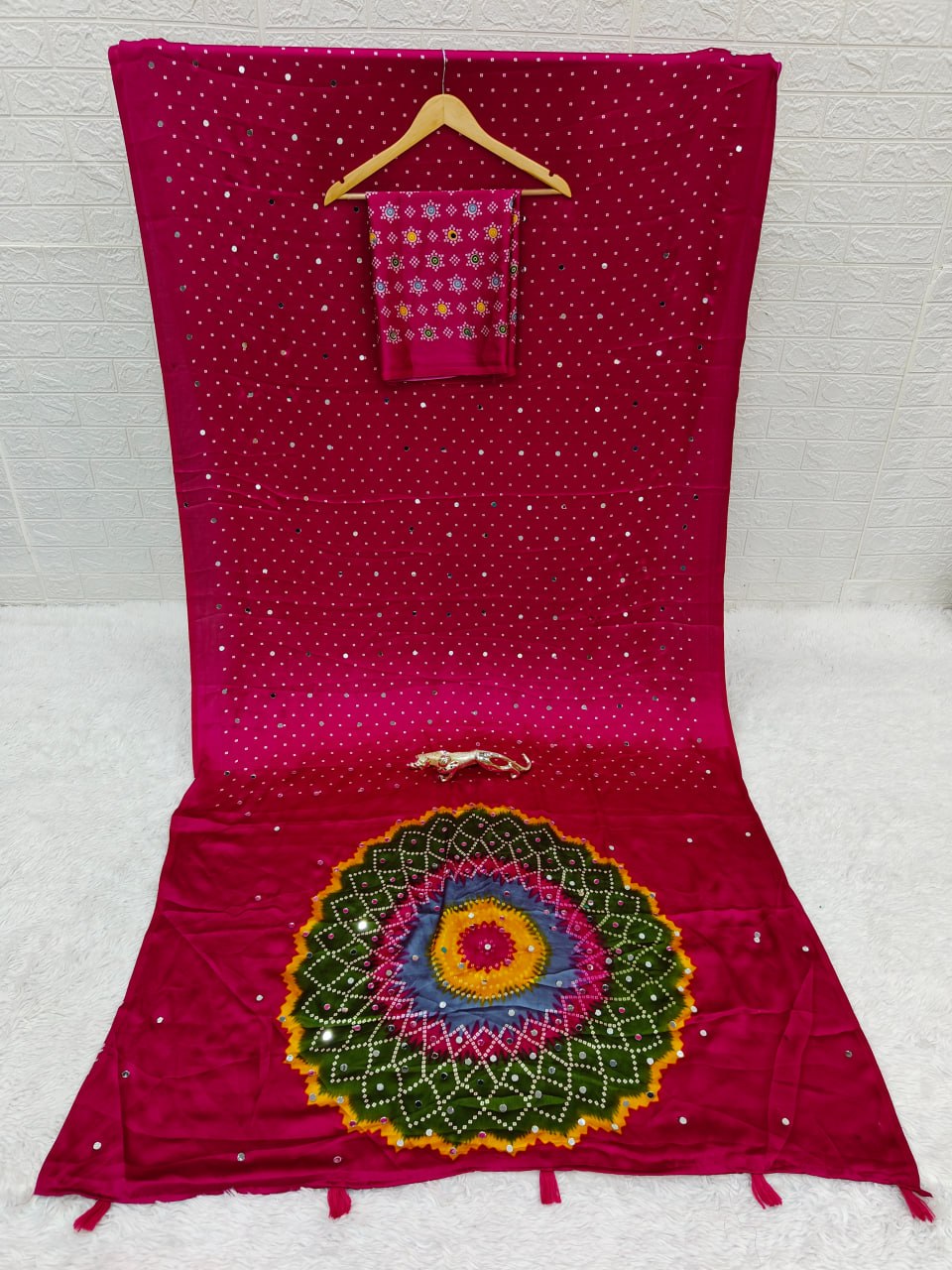Japan Satin Silk Saree with Real Mirror Work & Viscose Latkan Pallu Border