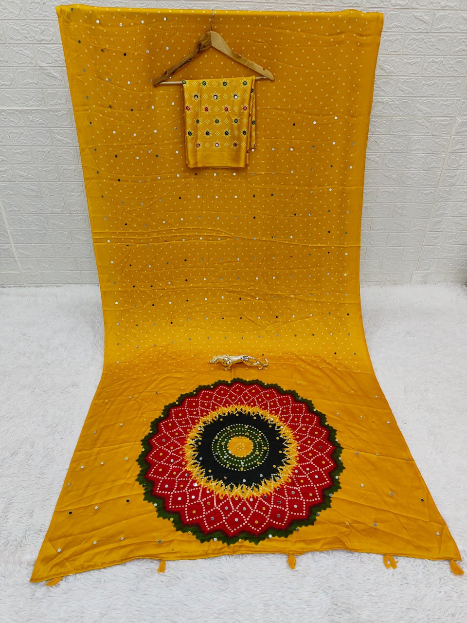 Japan Satin Silk Saree with Real Mirror Work & Viscose Latkan Pallu Border