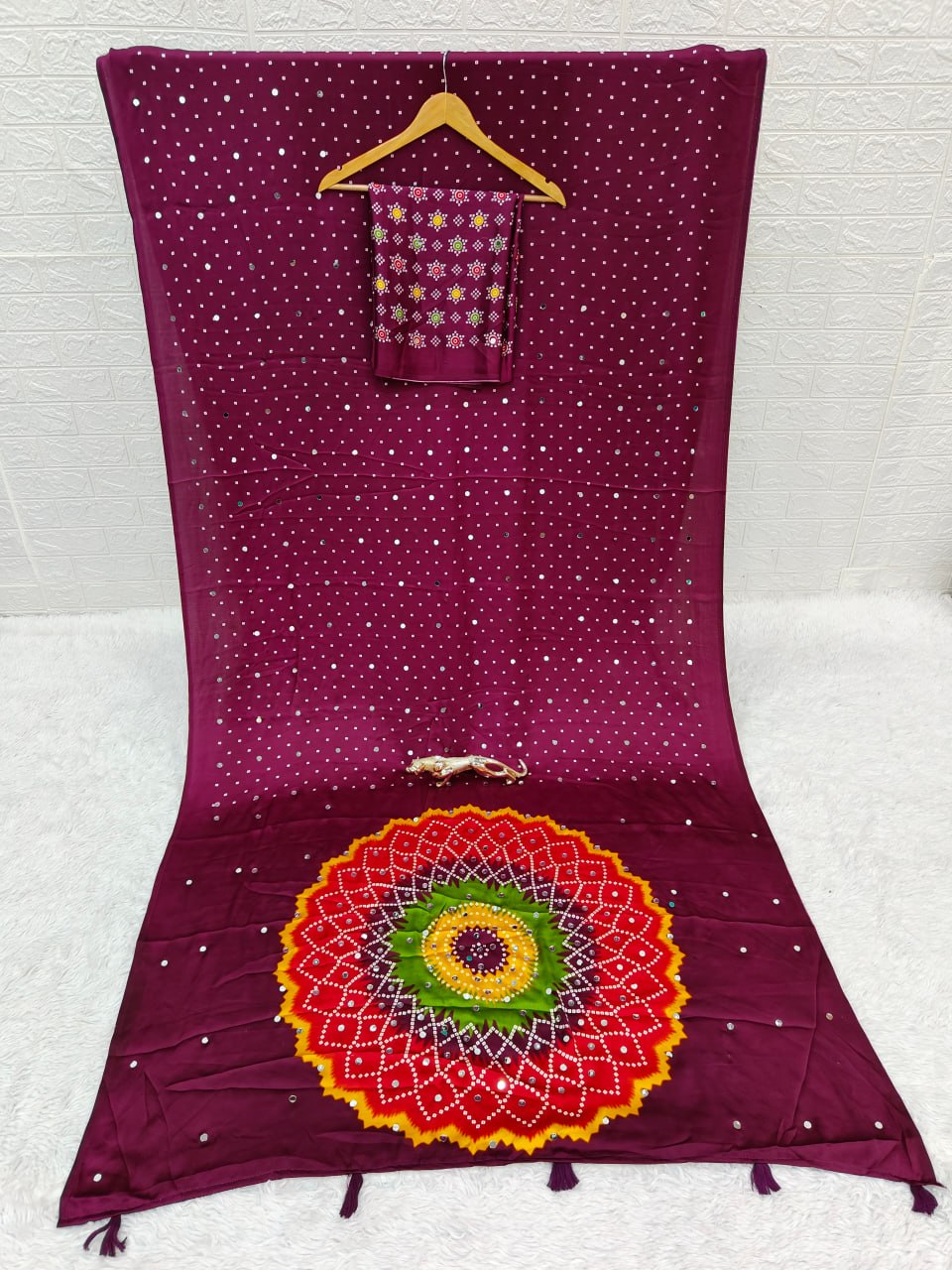 Japan Satin Silk Saree with Real Mirror Work & Viscose Latkan Pallu Border