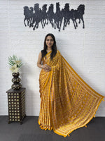 Japan Satin Silk Saree with Heavy Real Mirror Work & Viscose Latkan Pallu Border