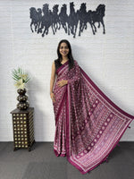 Japan Satin Silk Saree with Heavy Real Mirror Work & Viscose Latkan Pallu Border