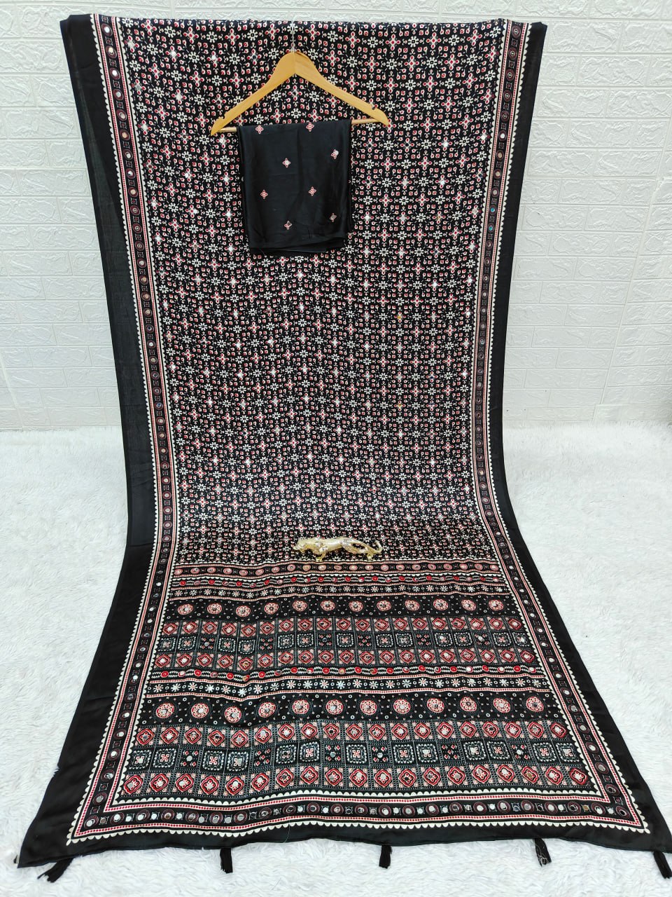 Japan Satin Silk Saree with Heavy Real Mirror Work & Viscose Latkan Pallu Border