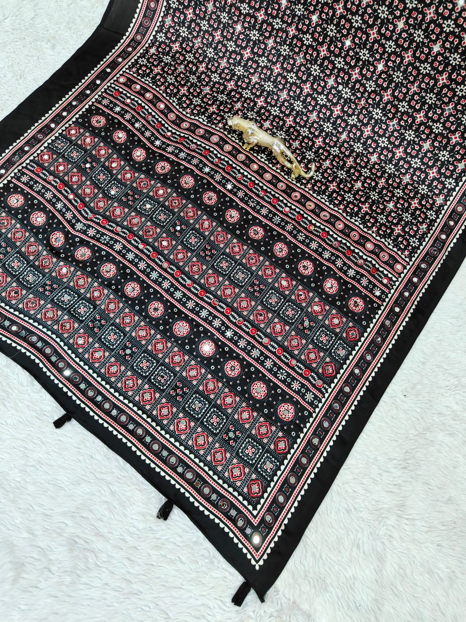 Japan Satin Silk Saree with Heavy Real Mirror Work & Viscose Latkan Pallu Border