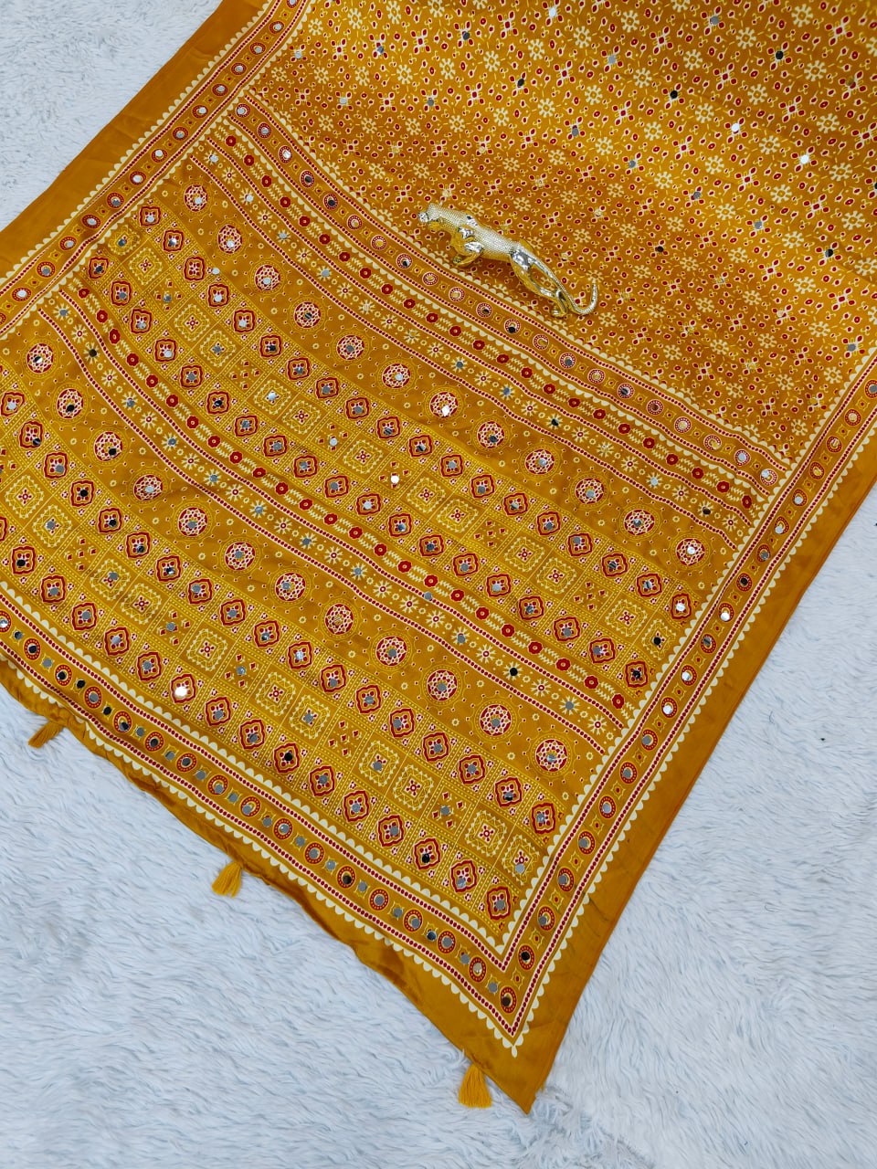 Japan Satin Silk Saree with Heavy Real Mirror Work & Viscose Latkan Pallu Border