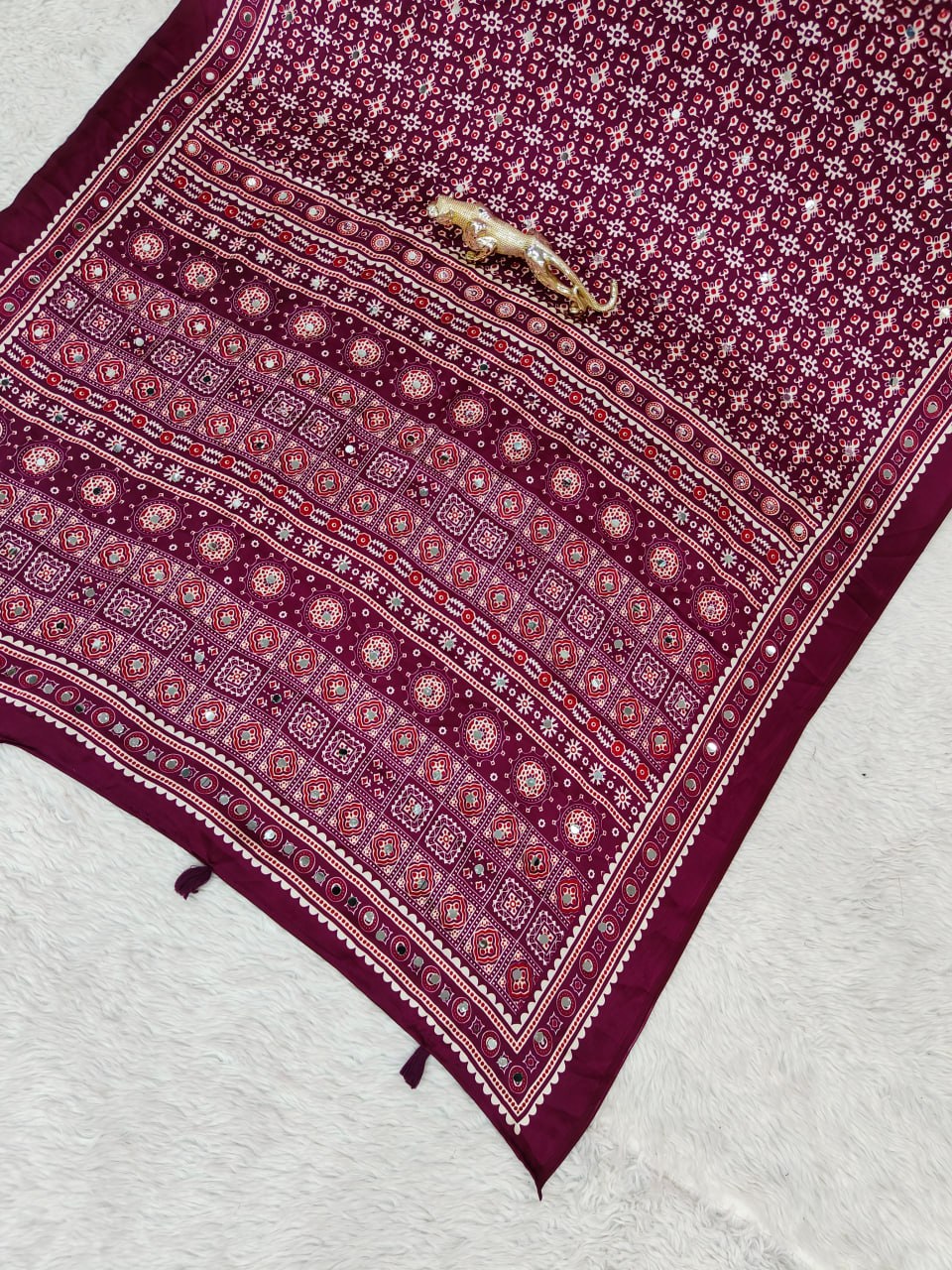 Japan Satin Silk Saree with Heavy Real Mirror Work & Viscose Latkan Pallu Border