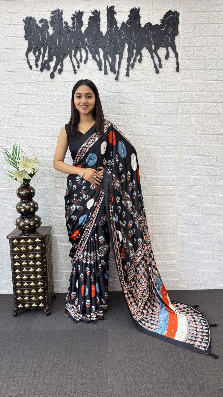 Japan Satin Silk Saree with Heavy Real Mirror Work & Viscose Latkan Pallu Border