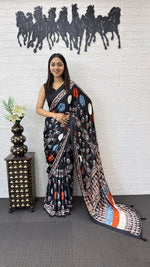 Japan Satin Silk Saree with Heavy Real Mirror Work & Viscose Latkan Pallu Border