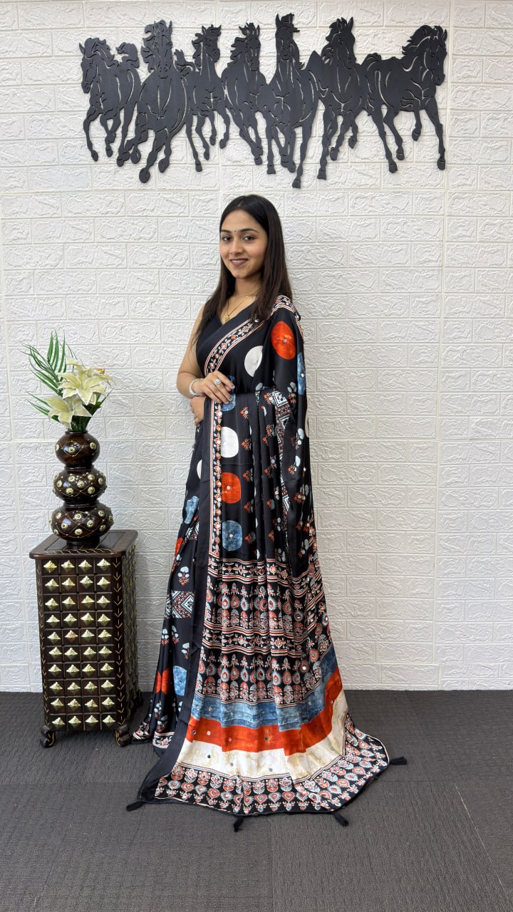 Japan Satin Silk Saree with Heavy Real Mirror Work & Viscose Latkan Pallu Border
