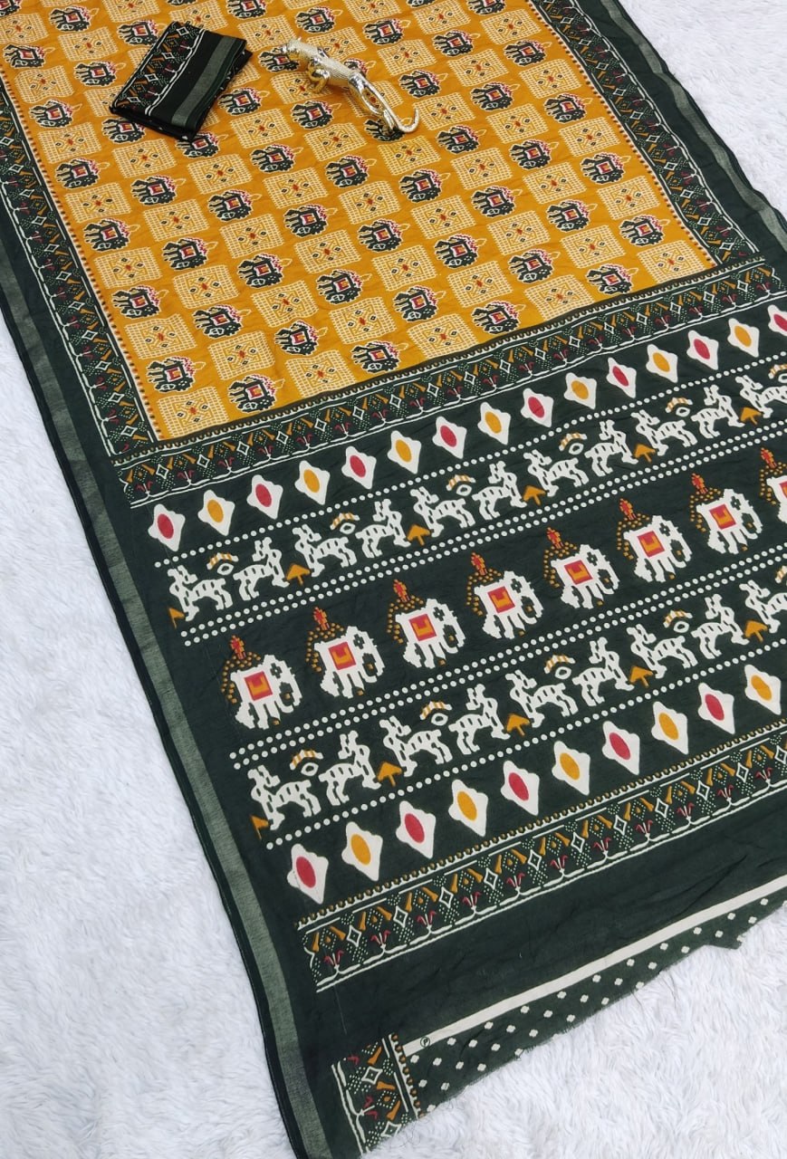 Heavy Mall Cotton Silk Saree with Traditional Print & Elegant Border