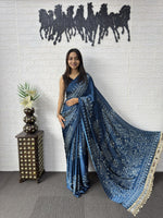 Premium Japan Satin Semi Gajji Silk Bandhani Saree with Peacock Pallu & Mirror Lace Border