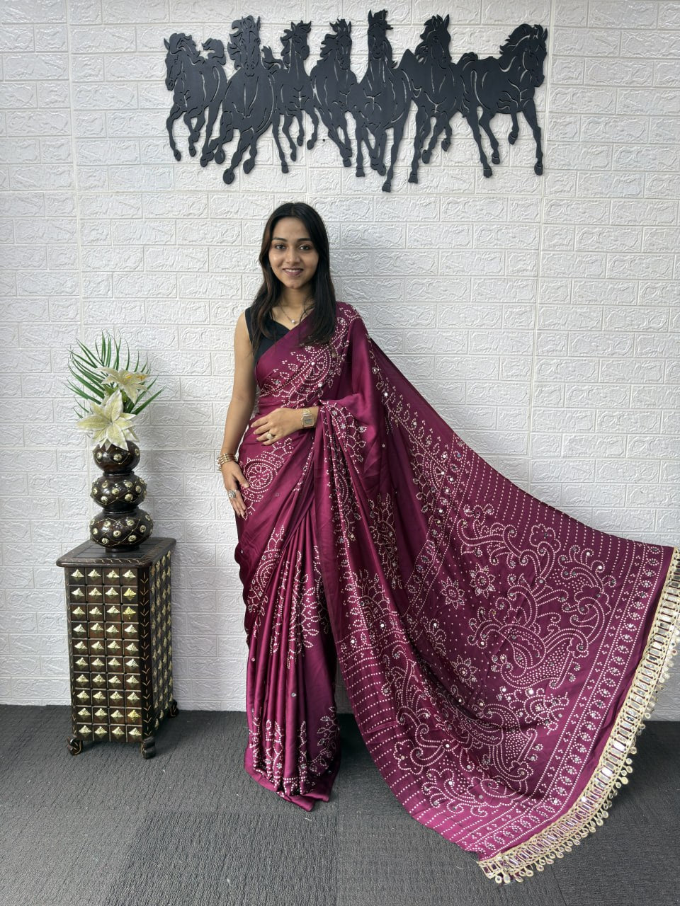 Premium Japan Satin Semi Gajji Silk Bandhani Saree with Peacock Pallu & Mirror Lace Border