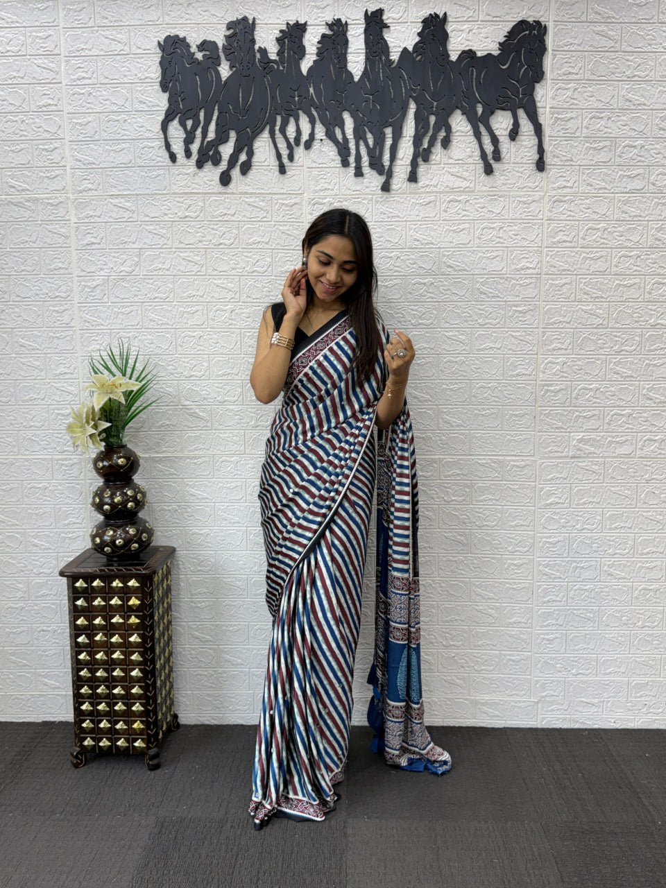 Japan Satin Silk Saree with Real Mirror Work & Viscose Latkan Pallu Border 