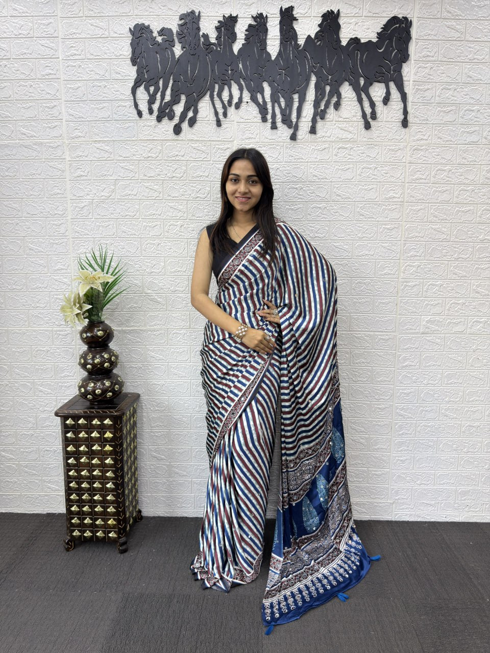 Japan Satin Silk Saree with Real Mirror Work & Viscose Latkan Pallu Border 
