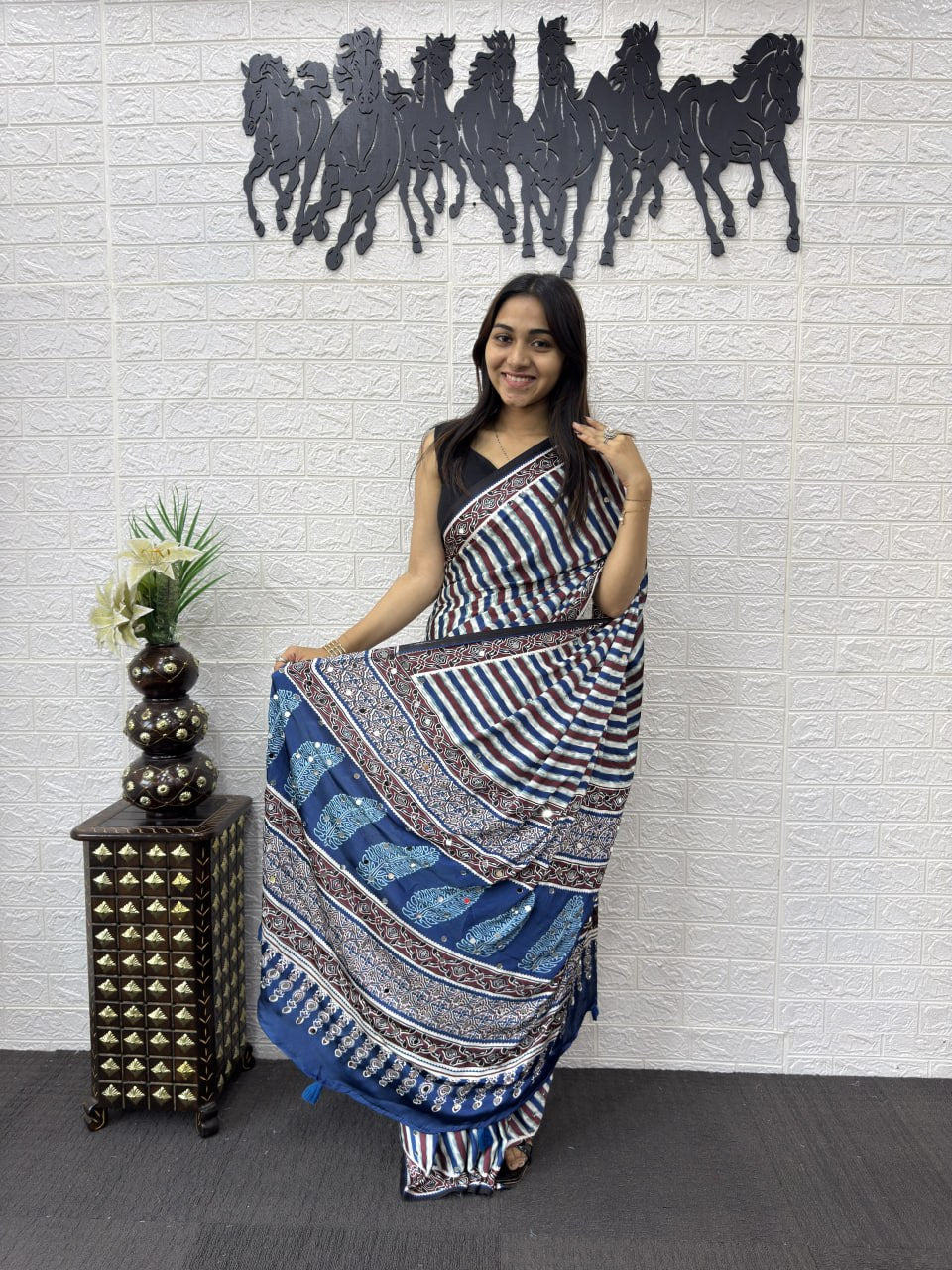 Japan Satin Silk Saree with Real Mirror Work & Viscose Latkan Pallu Border 