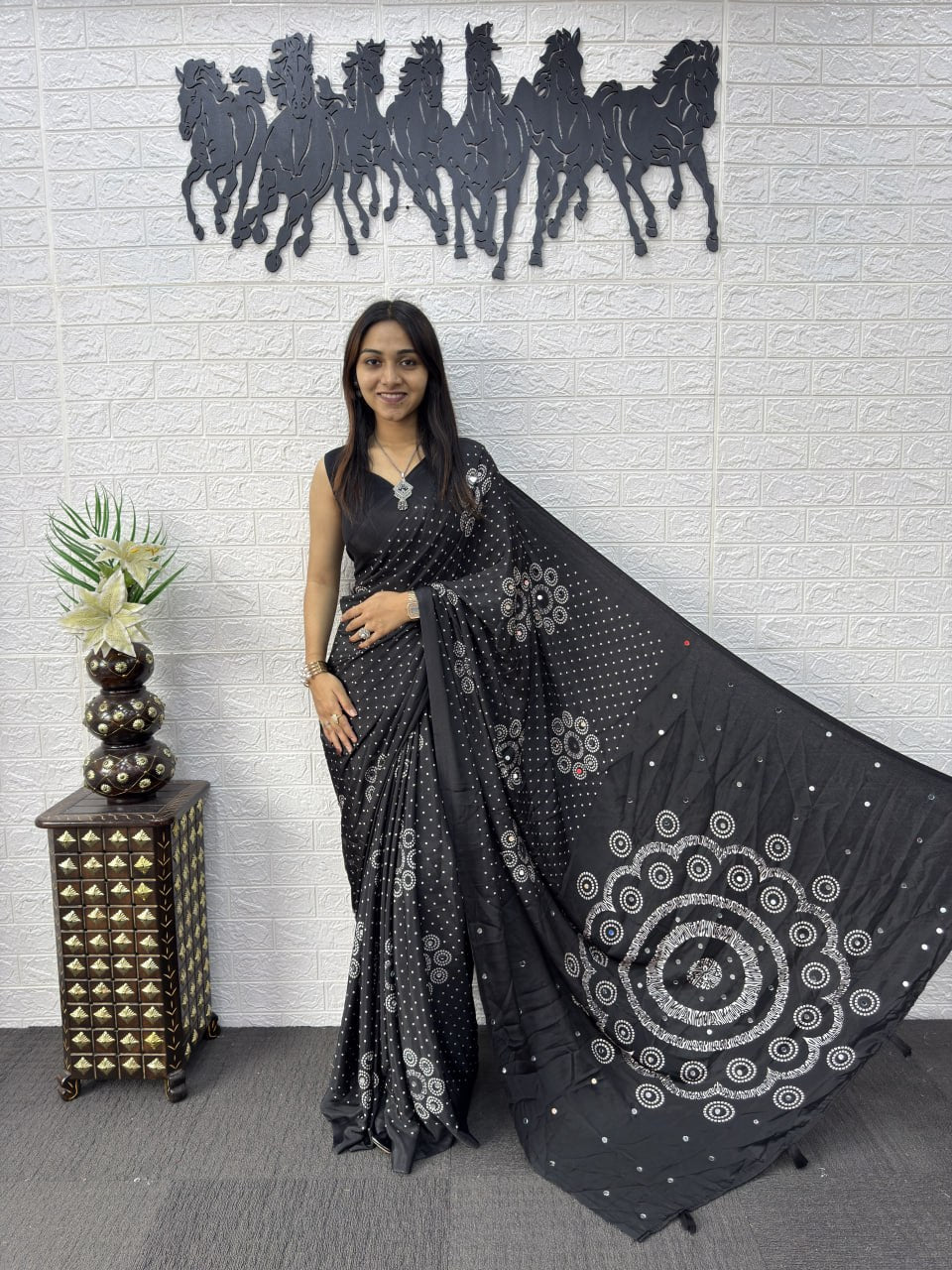 Japan Satin Silk Saree with Heavy Real Mirror Work & Viscose Latkan Pallu Border