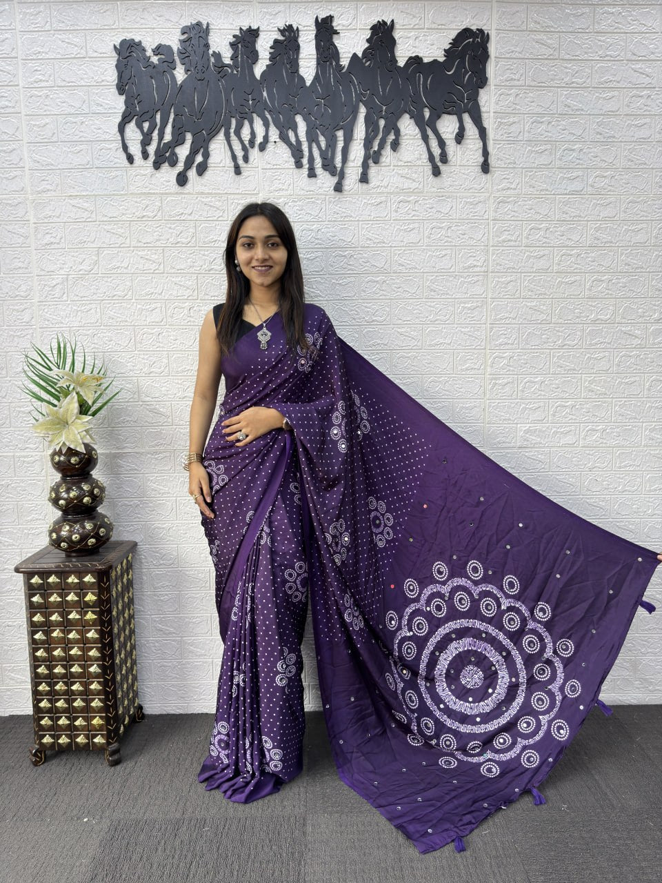 Japan Satin Silk Saree with Heavy Real Mirror Work & Viscose Latkan Pallu Border