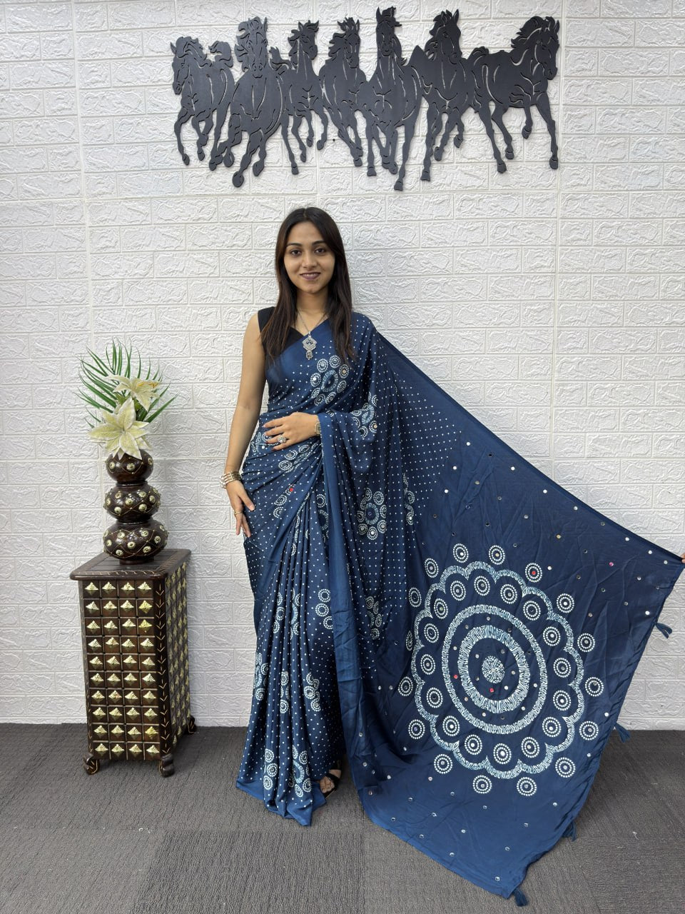 Japan Satin Silk Saree with Heavy Real Mirror Work & Viscose Latkan Pallu Border