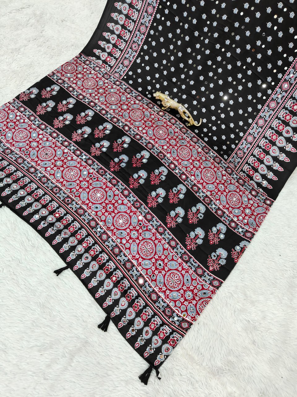 Japan Satin Semi Gajji Silk Saree with Heavy Real Mirror Work & Viscose Latkan Pallu Border