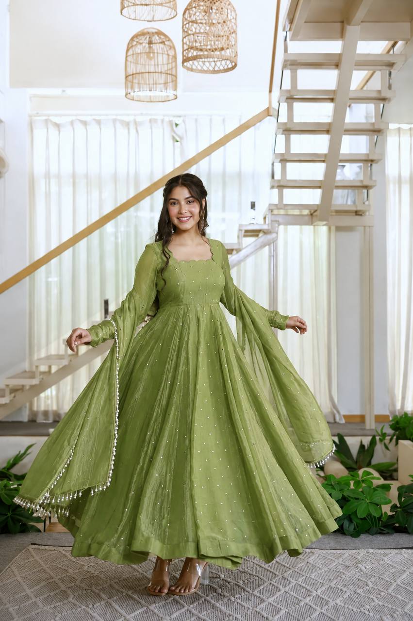 Designer Salsa Silk Gown with Pent & Dupatta Set