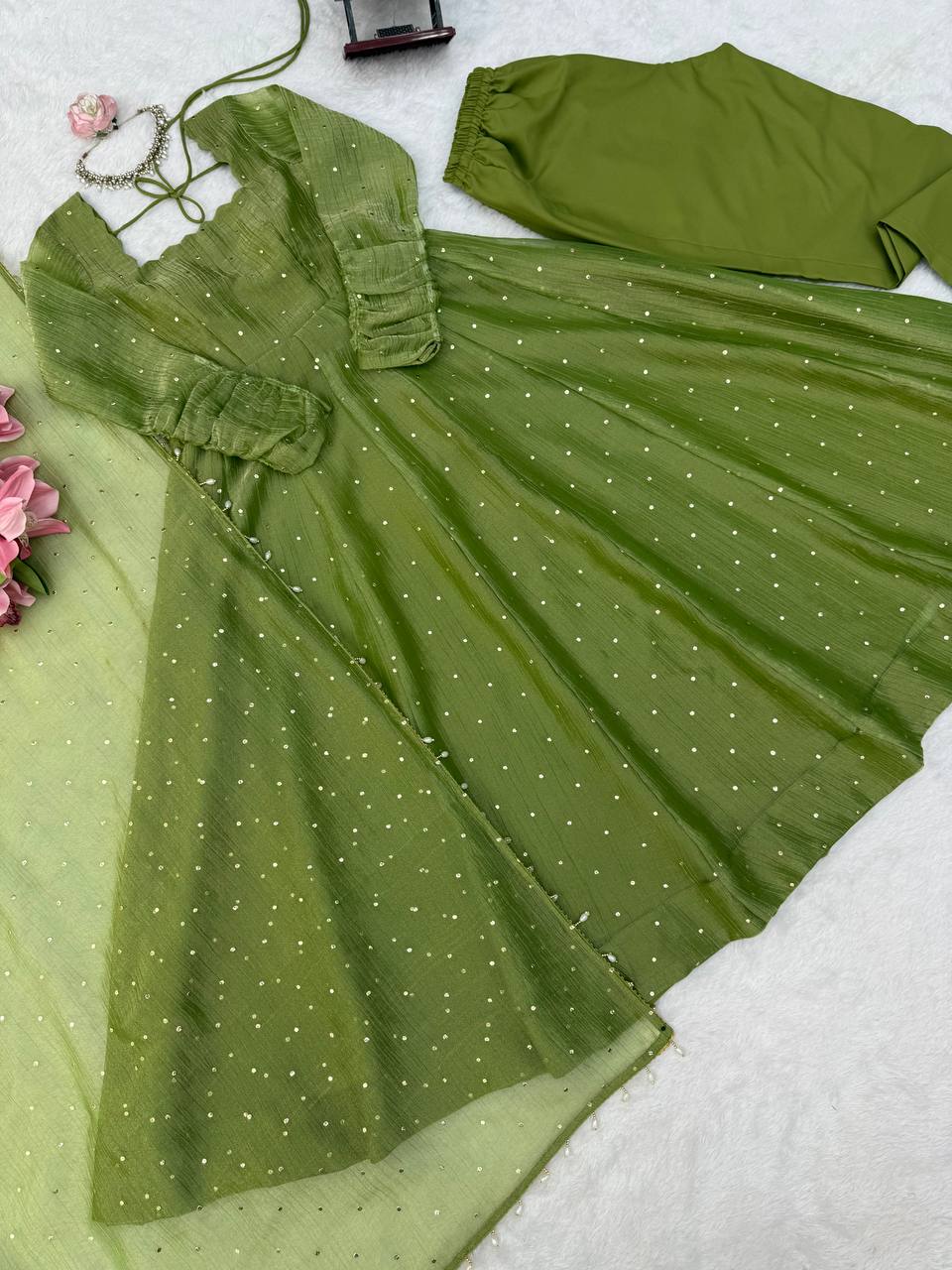 Designer Salsa Silk Gown with Pent & Dupatta Set