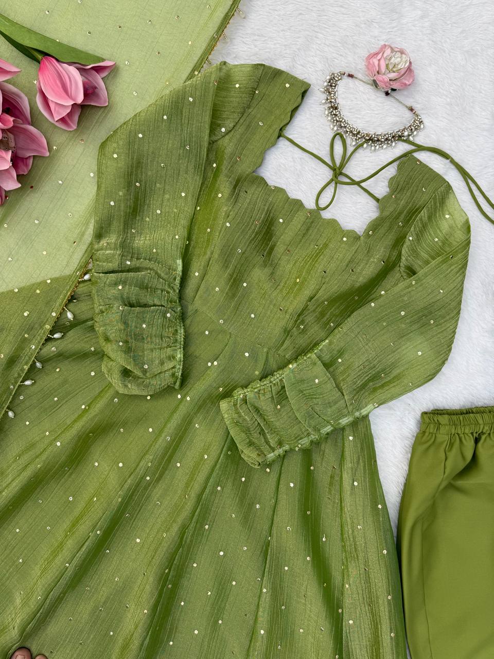 Designer Salsa Silk Gown with Pent & Dupatta Set