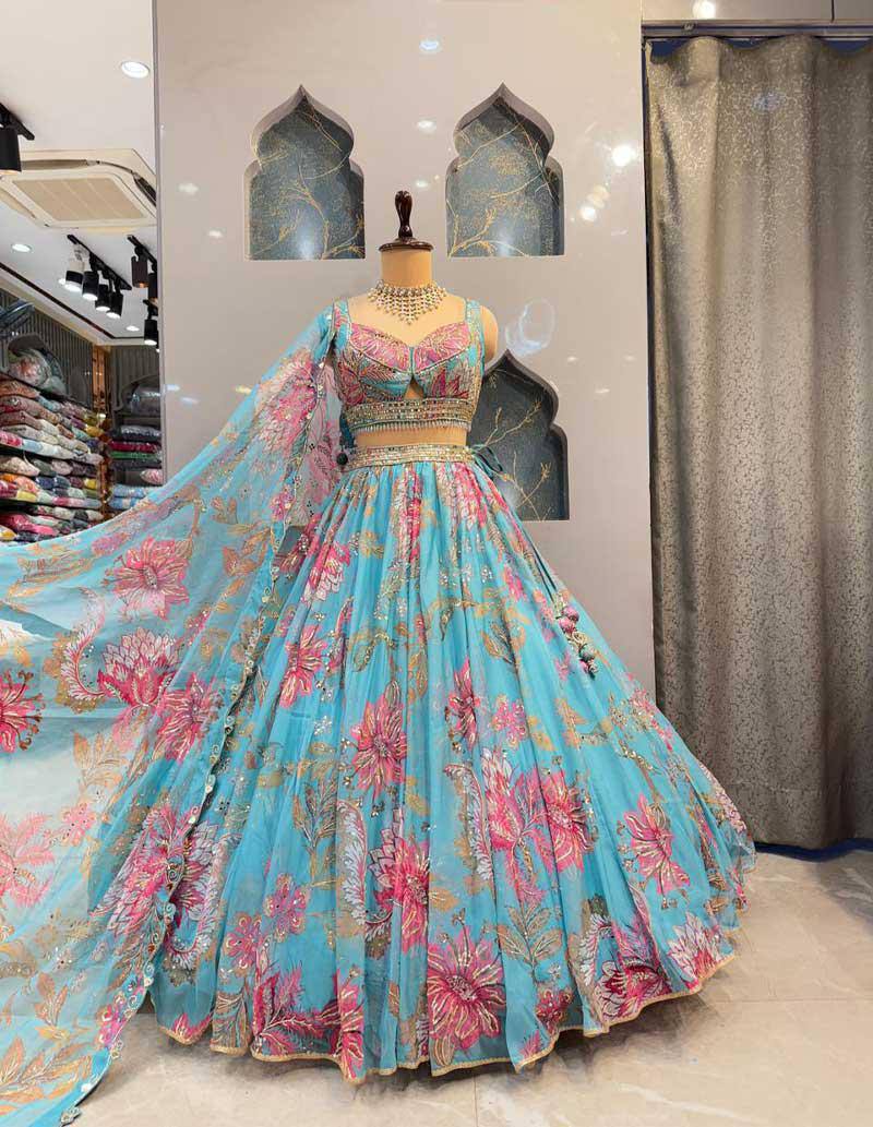 Premium Tabby Silk Lehenga with Beads & Digital Print Work & Cancan Canvas Layers