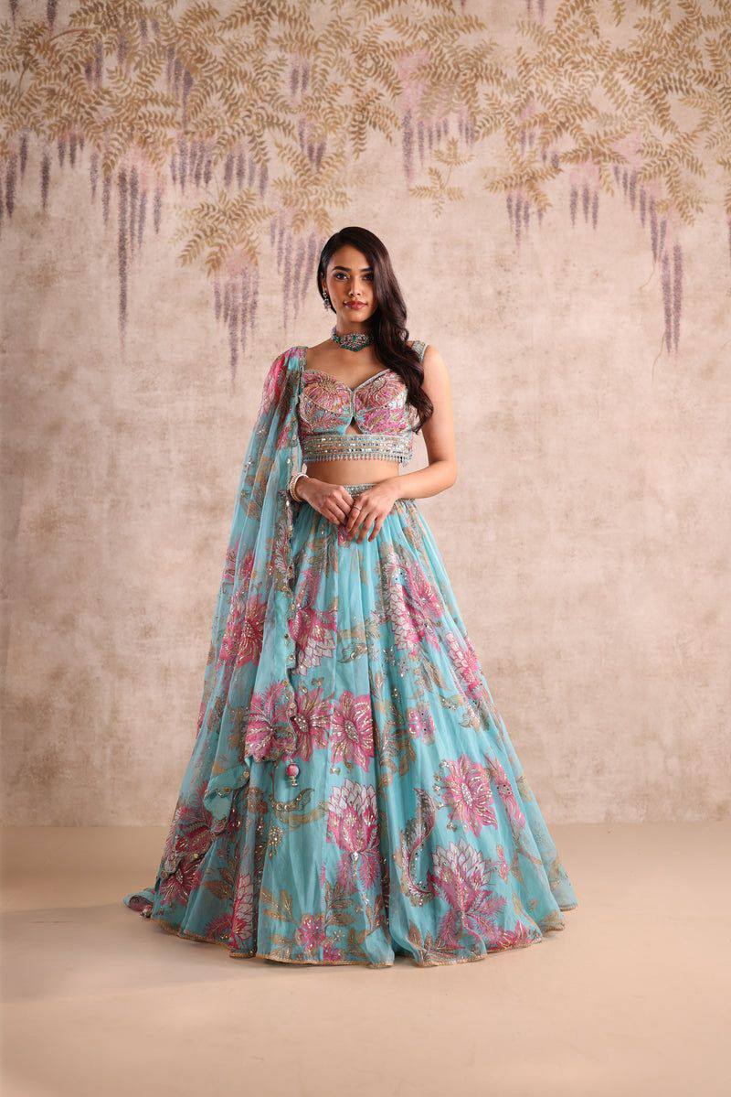 Premium Tabby Silk Lehenga with Beads & Digital Print Work & Cancan Canvas Layers