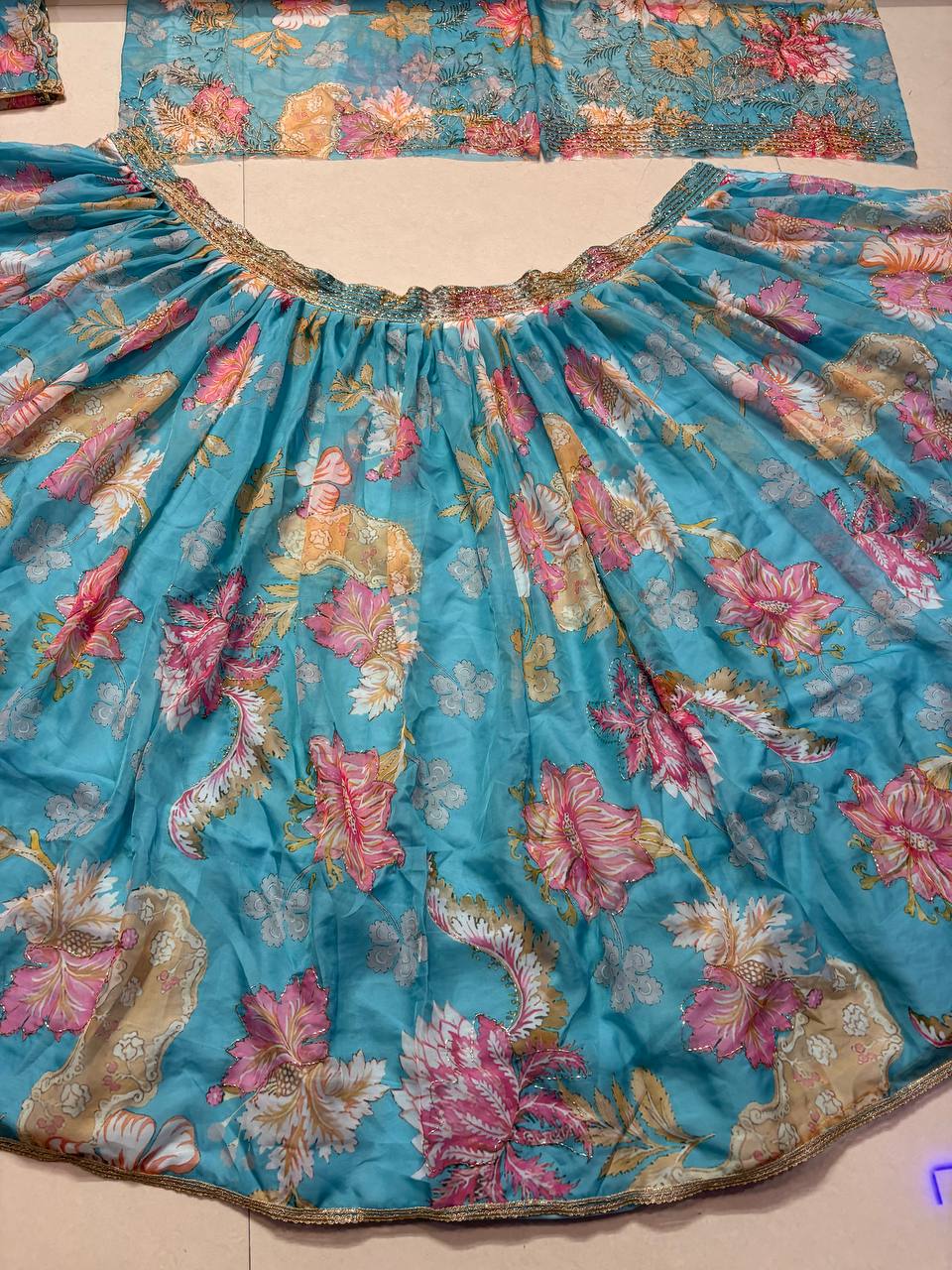 Premium Tabby Silk Lehenga with Beads & Digital Print Work & Cancan Canvas Layers