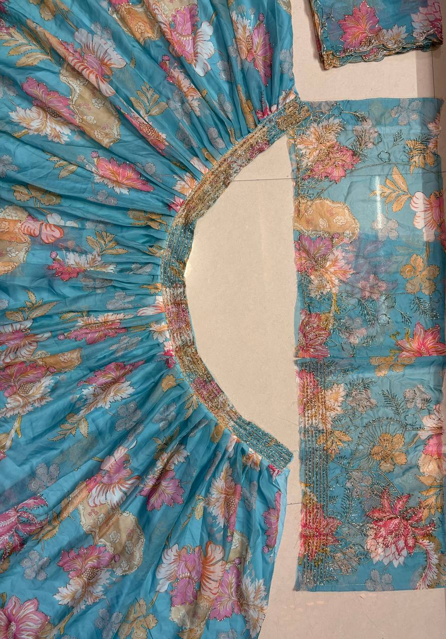 Premium Tabby Silk Lehenga with Beads & Digital Print Work & Cancan Canvas Layers