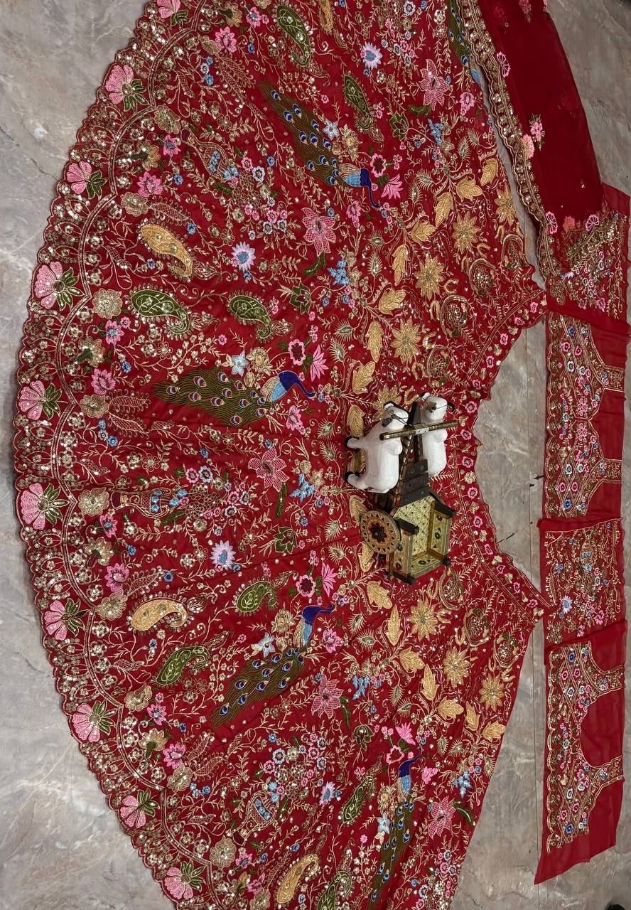 Fox Georgette Lehenga with Sequins Embroidery Work & Cancan Canvas Layers | 4 Meter Flare | Semi-Stitched