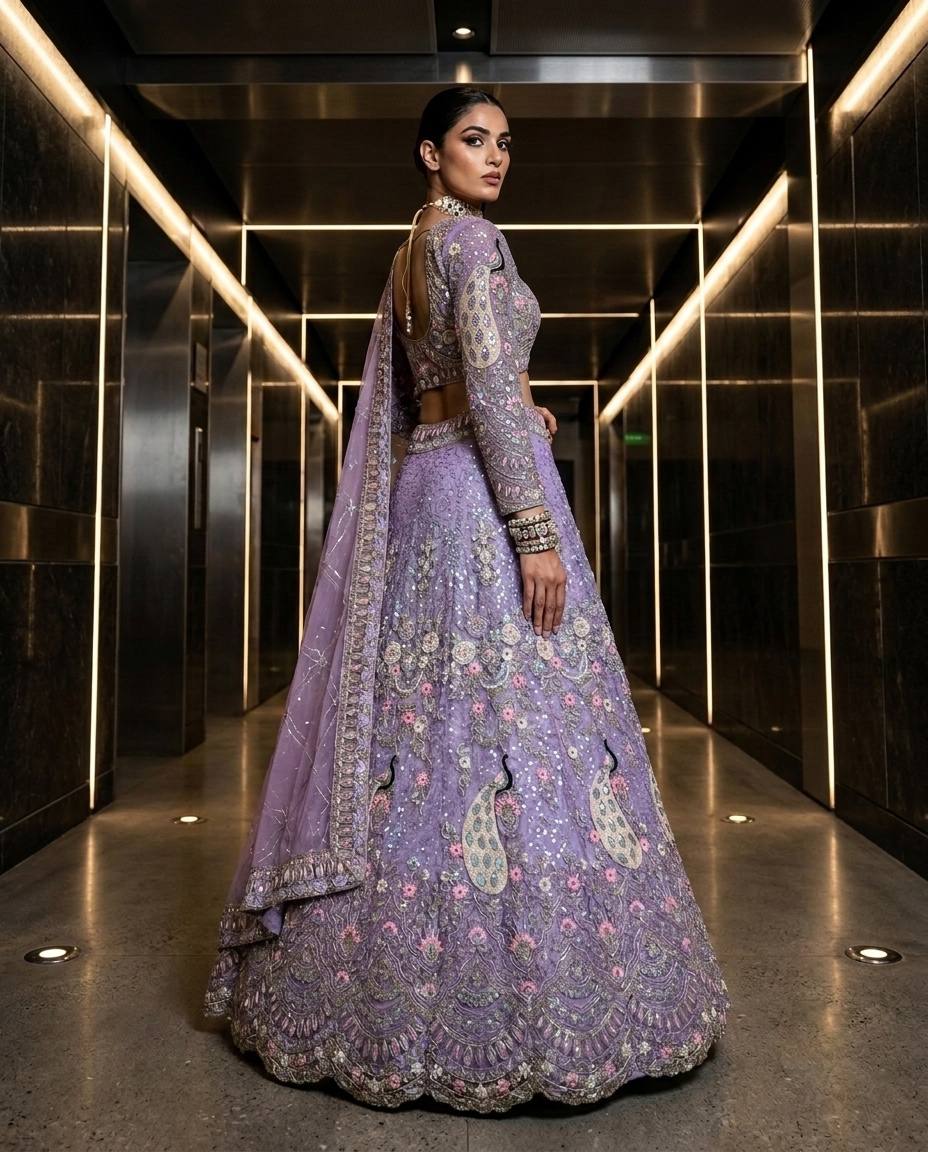 Soft Butterfly Net Lehenga with Coding Sequins Work & Cancan Canvas Layers | Lavender