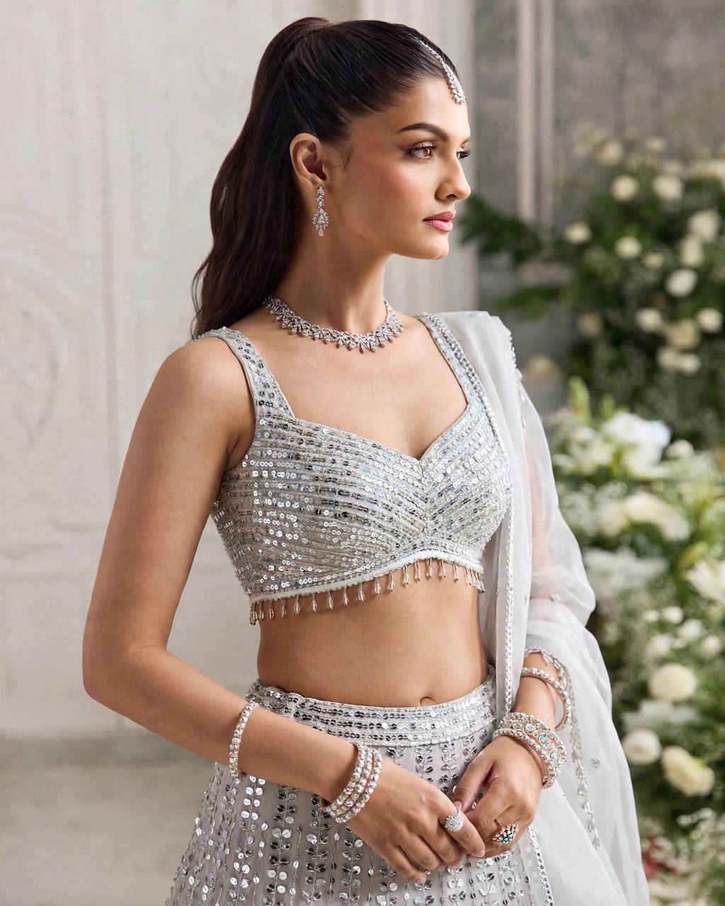 Premium Faux Georgette Lehenga with Sequins Embroidery & Butterfly Net Dupatta