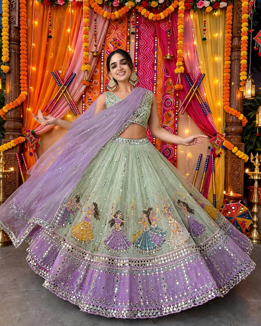 Navratri SpecialPremium Star Georgette Lehenga with Digital Print & Real Mirror Work