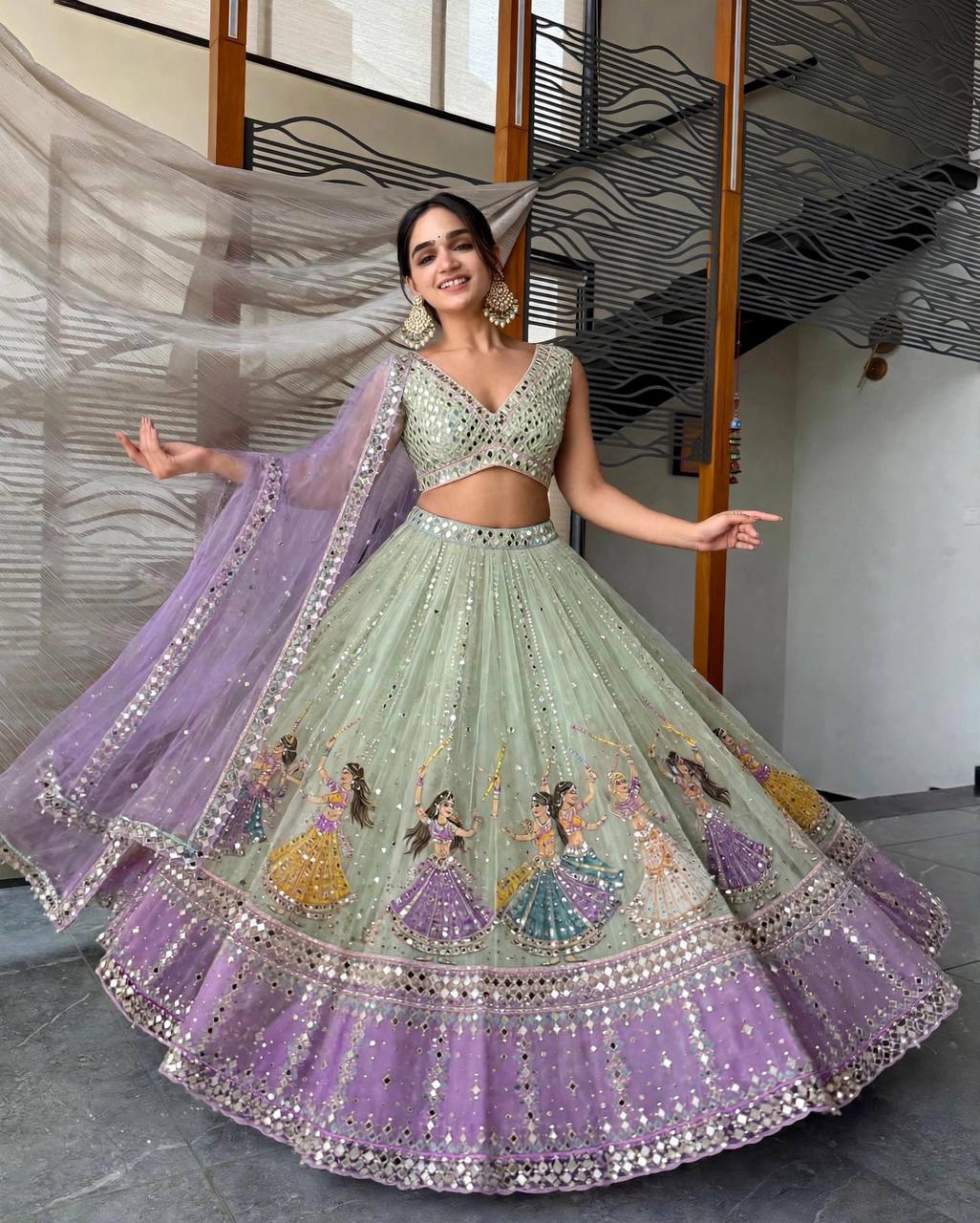 Navratri SpecialPremium Star Georgette Lehenga with Digital Print & Real Mirror Work