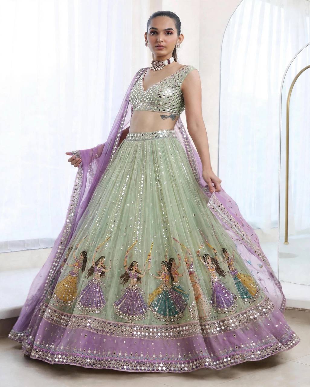 Navratri SpecialPremium Star Georgette Lehenga with Digital Print & Real Mirror Work
