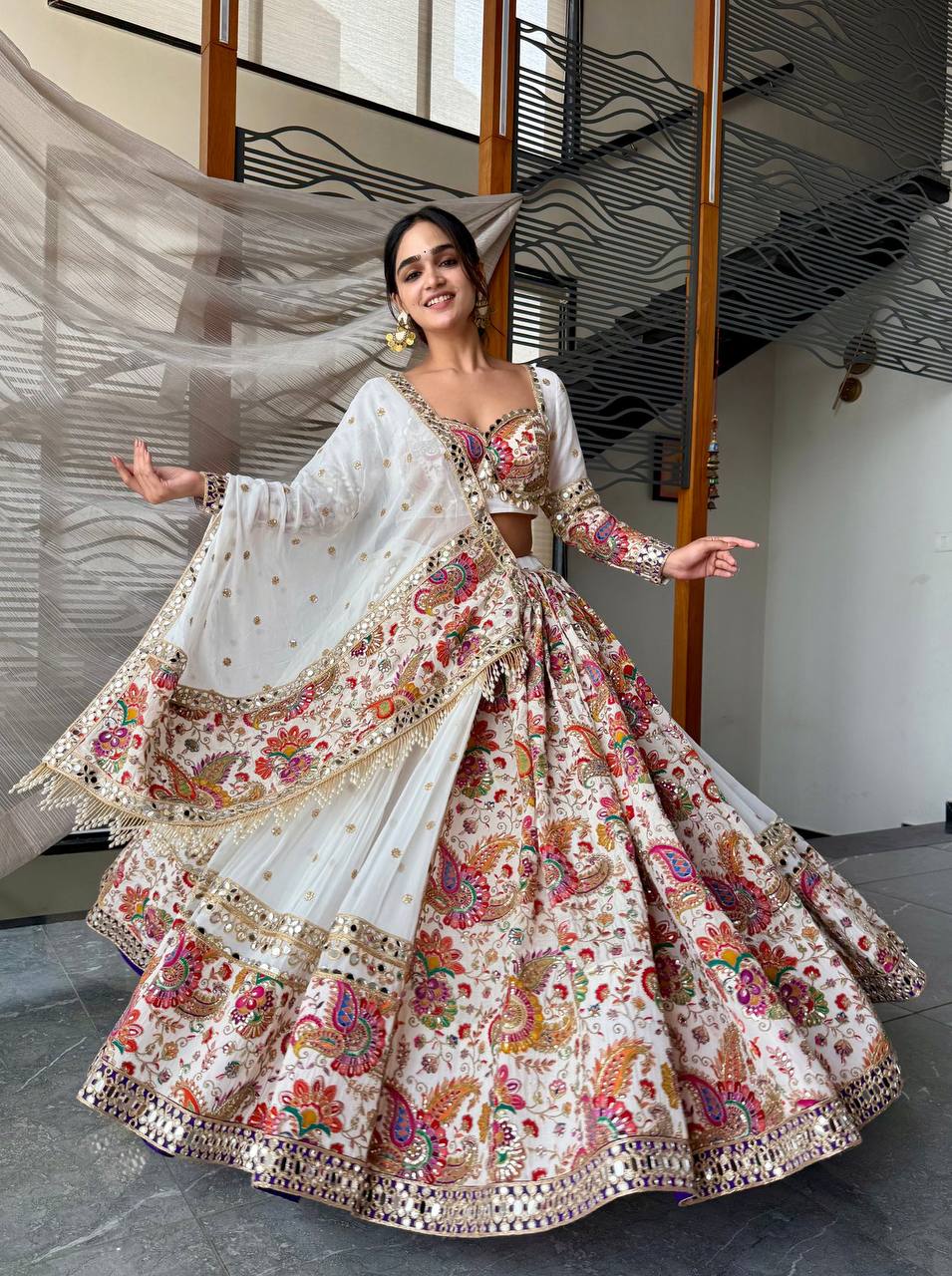 Navratri Special Muslin Silk & Fox Georgette Lehenga with Digital Print & Foil Mirror Work