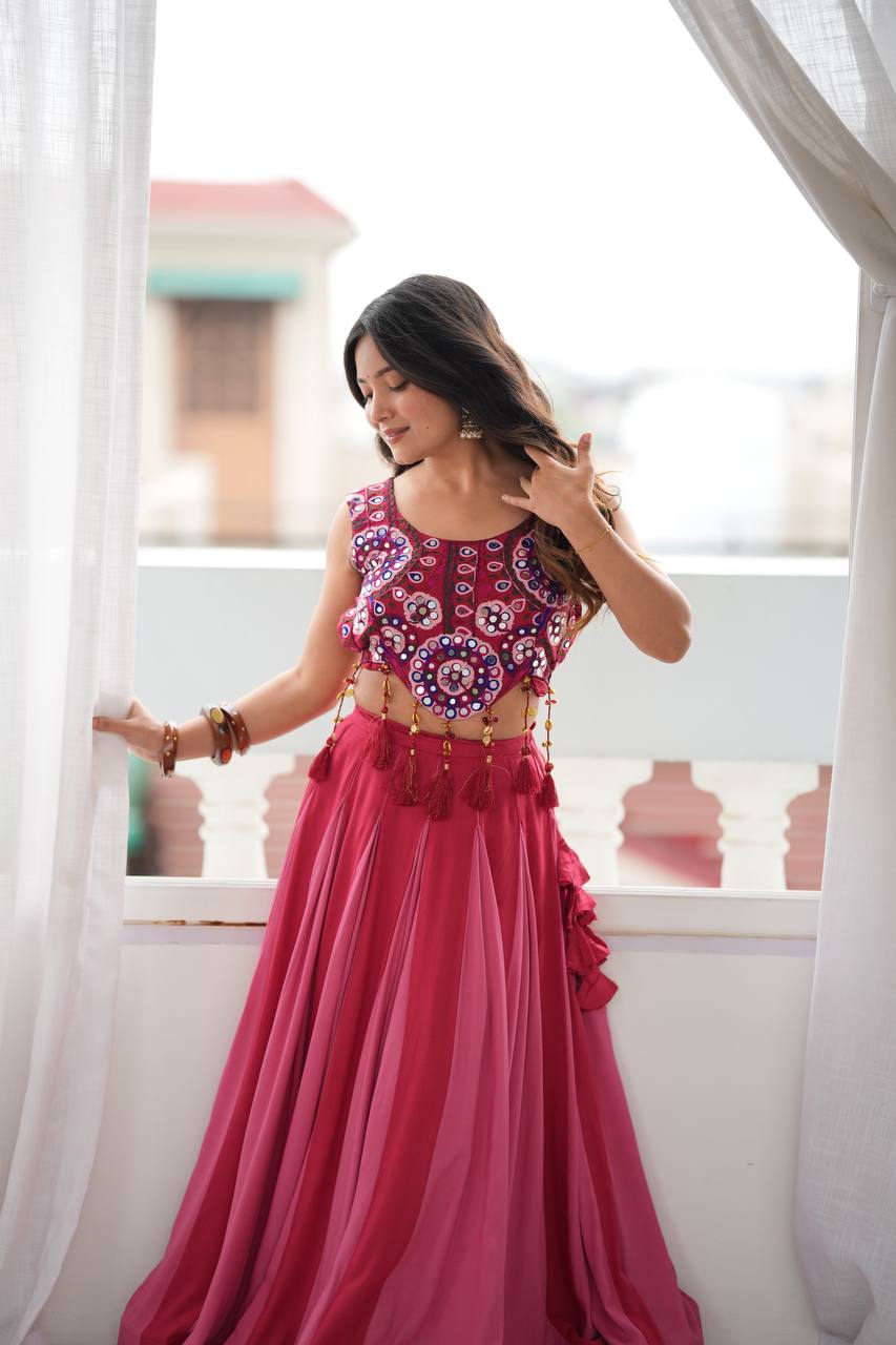 NAVRATRIHeavy Rayon Lehenga Choli with Fancy Lagdi Patta Lace & Mirror Work | Fully Stitched