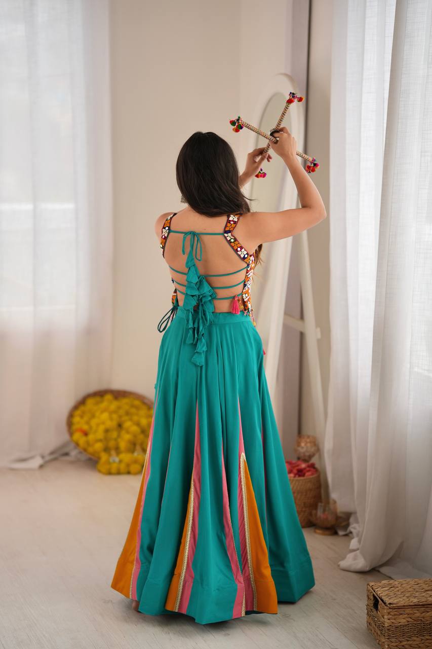 Navratri Heavy Rayon Lehenga Choli with Fancy Lagdi Patta Lace & Mirror Work