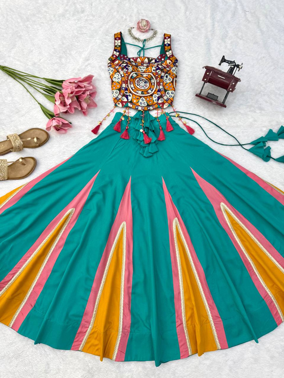 Navratri Heavy Rayon Lehenga Choli with Fancy Lagdi Patta Lace & Mirror Work