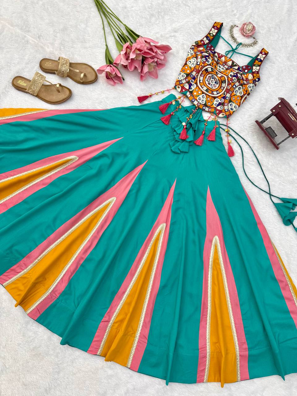 Navratri Heavy Rayon Lehenga Choli with Fancy Lagdi Patta Lace & Mirror Work
