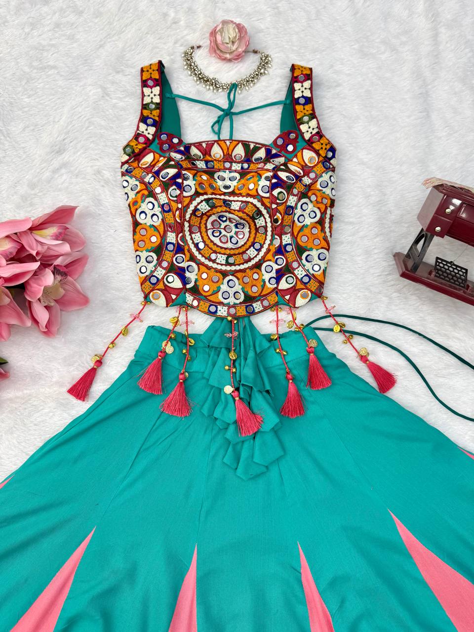 Navratri Heavy Rayon Lehenga Choli with Fancy Lagdi Patta Lace & Mirror Work