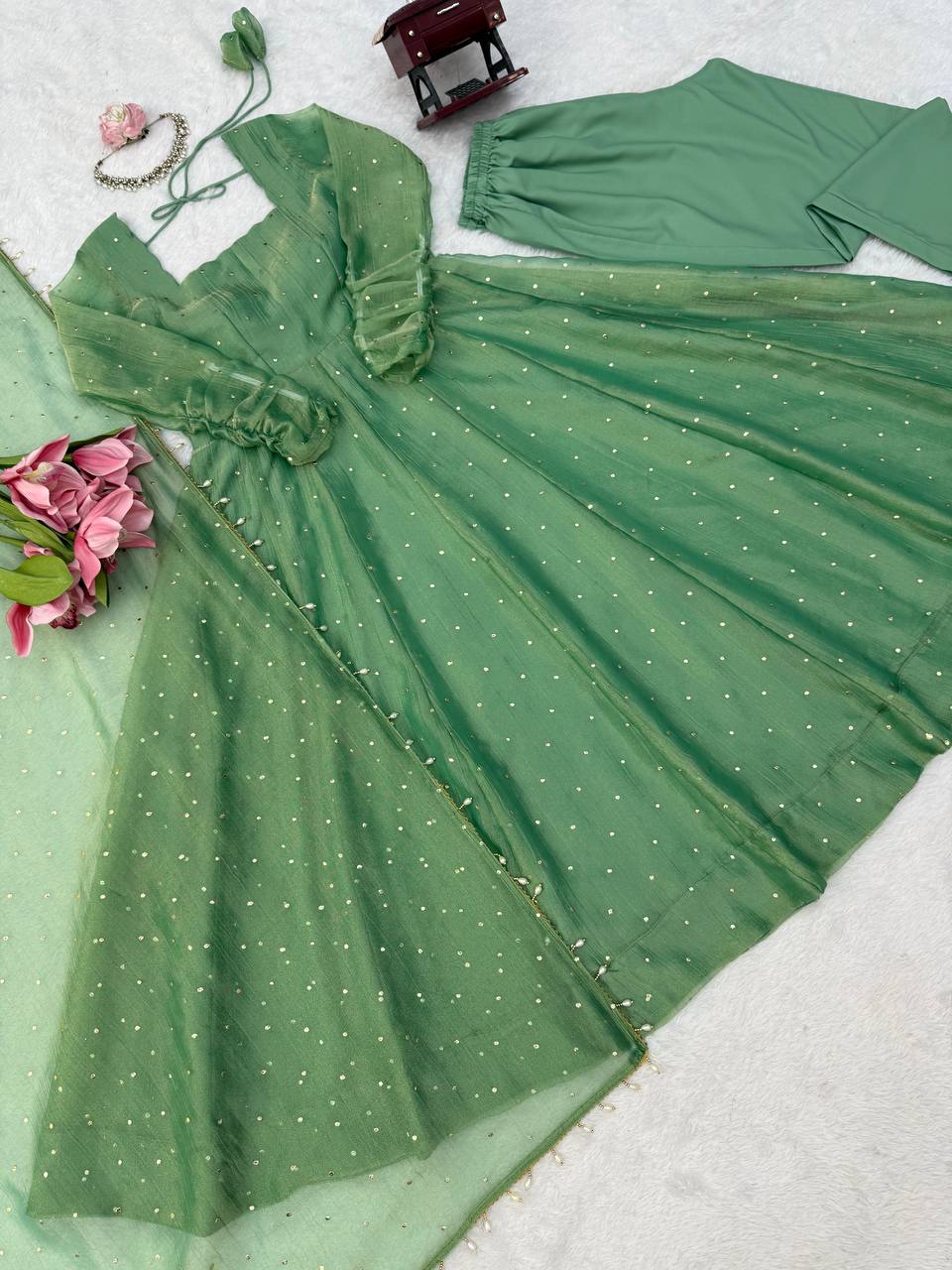 Gown with Pent & Dupatta Set – Elegant Ethnic Wear with Foil Work