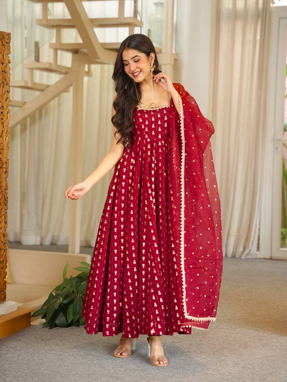 Anarkali Set with Fancy Lace & Butterfly Net Dupatta