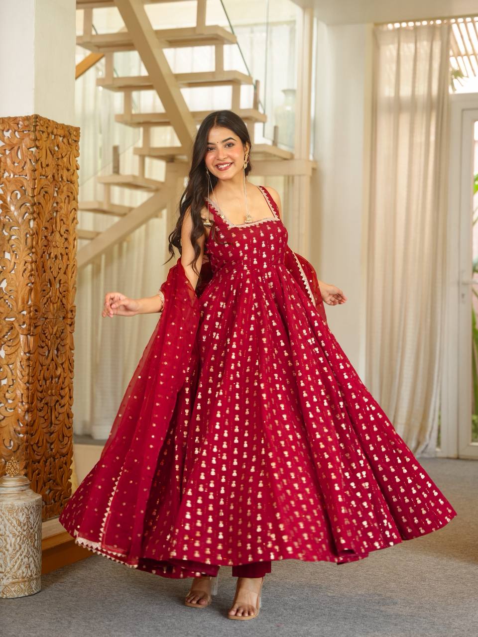 Anarkali Set with Fancy Lace & Butterfly Net Dupatta